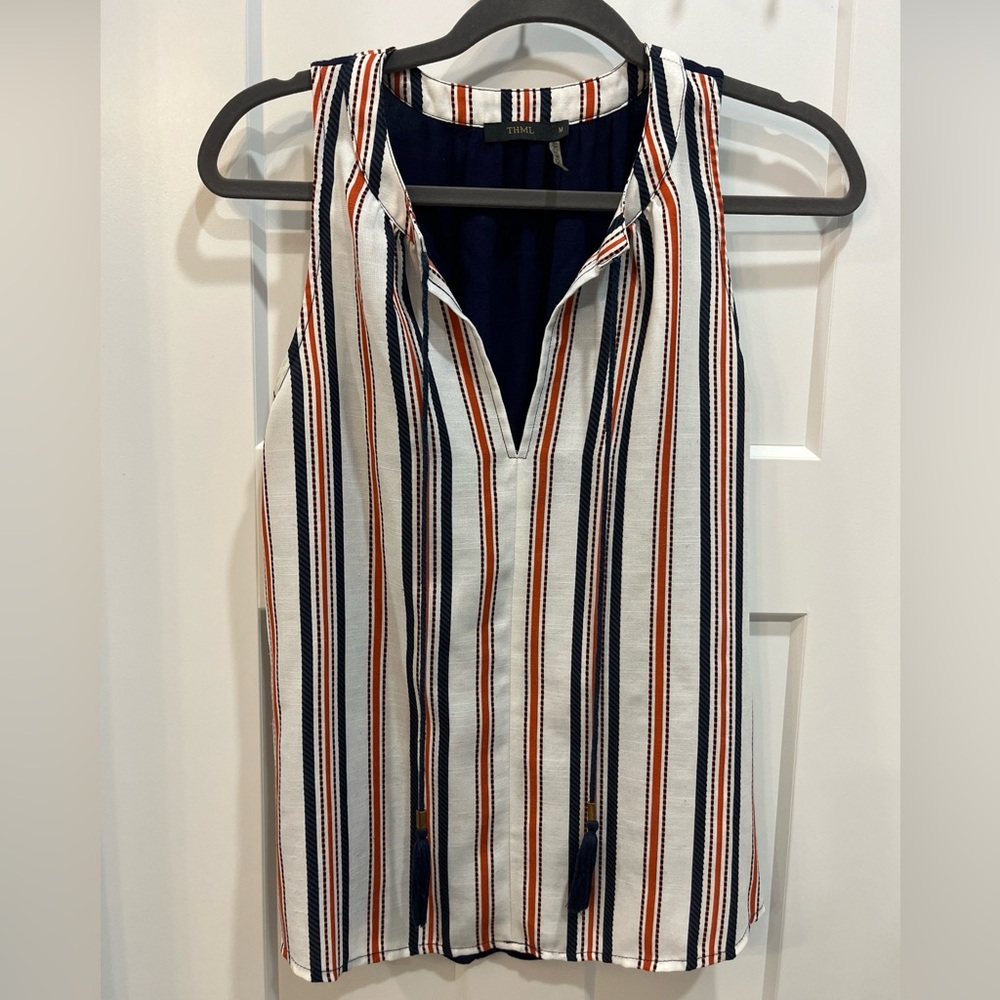 THML Sleeveless Navy, Orange, White Tie Neck Top Size Medium